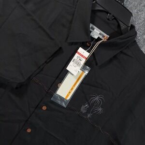 Quiksilver Shirt Mens XL Black Silk Short Sleeve‎ Hawaiian Aloha Hula Sunrise